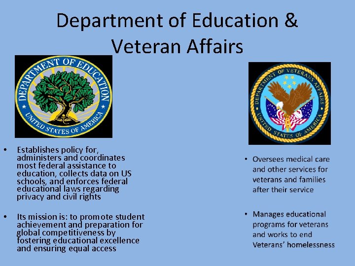 Department of Education & Veteran Affairs • Establishes policy for, administers and coordinates most