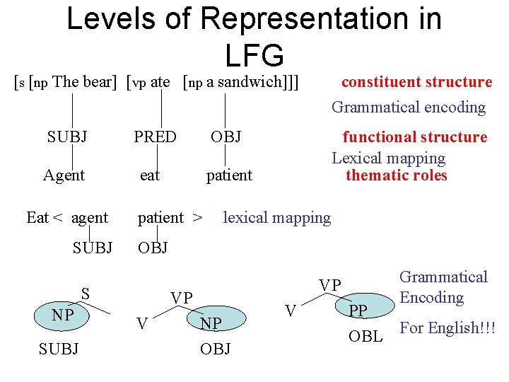 Levels of Representation in LFG [s [np The bear] [vp ate [np a sandwich]]]