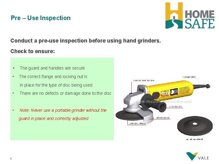 Pre – Use Inspection Conduct a pre-use inspection before using hand grinders. Check to