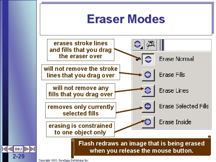 Eraser Modes erases stroke lines and fills that you drag the eraser over will