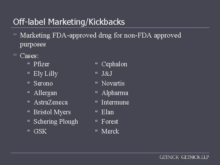 Off-label Marketing/Kickbacks Marketing FDA-approved drug for non-FDA approved purposes Cases: Pfizer Ely Lilly Serono Off-label Marketing/Kickbacks Marketing FDA-approved drug for non-FDA approved purposes Cases: Pfizer Ely Lilly Serono