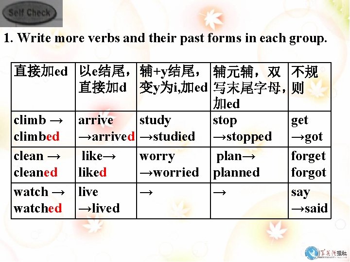 1. Write more verbs and their past forms in each group. 直接加ed 以e结尾， 辅+y结尾，