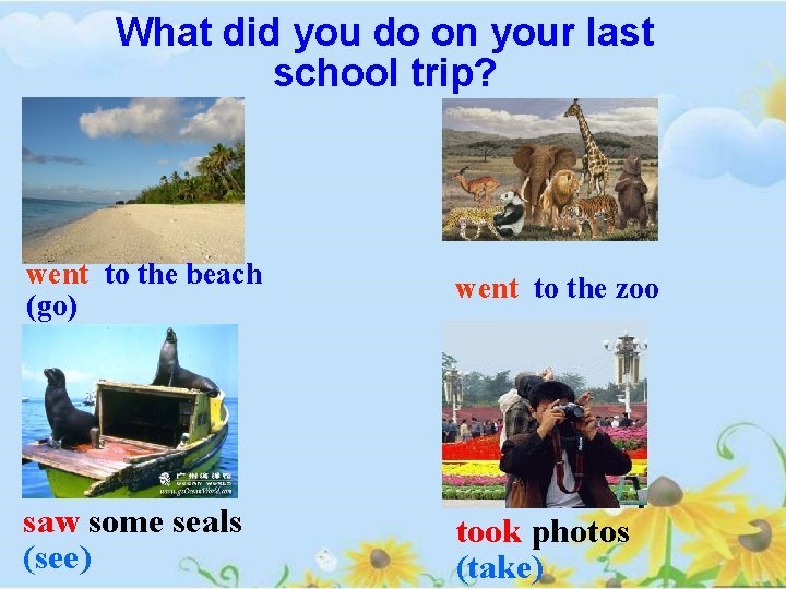 What did you do on your last school trip? went to the beach (go)