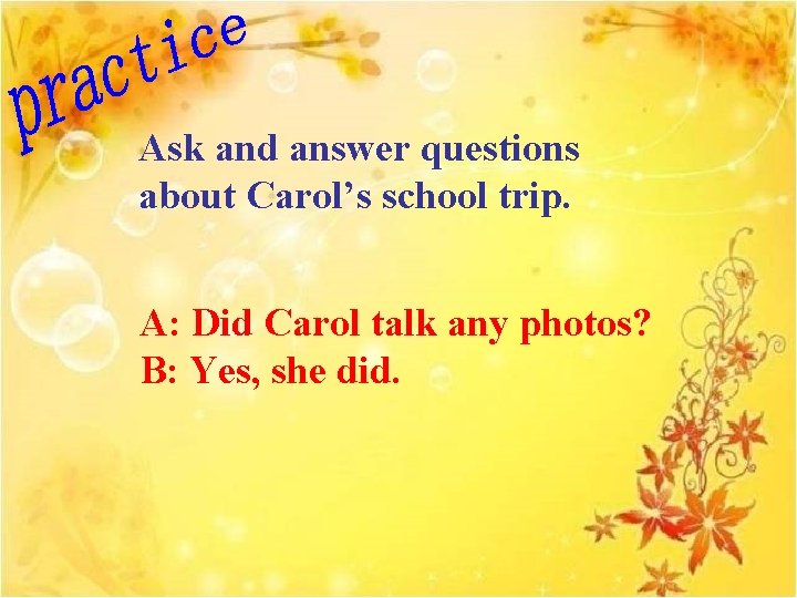 Ask and answer questions about Carol’s school trip. A: Did Carol talk any photos?