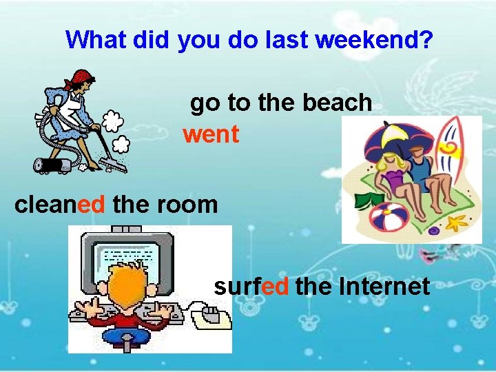 What did you do last weekend? go to the beach went cleaned the room