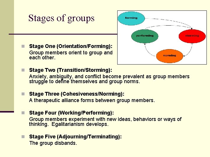Stages of groups n Stage One (Orientation/Forming): Group members orient to group and each Stages of groups n Stage One (Orientation/Forming): Group members orient to group and each