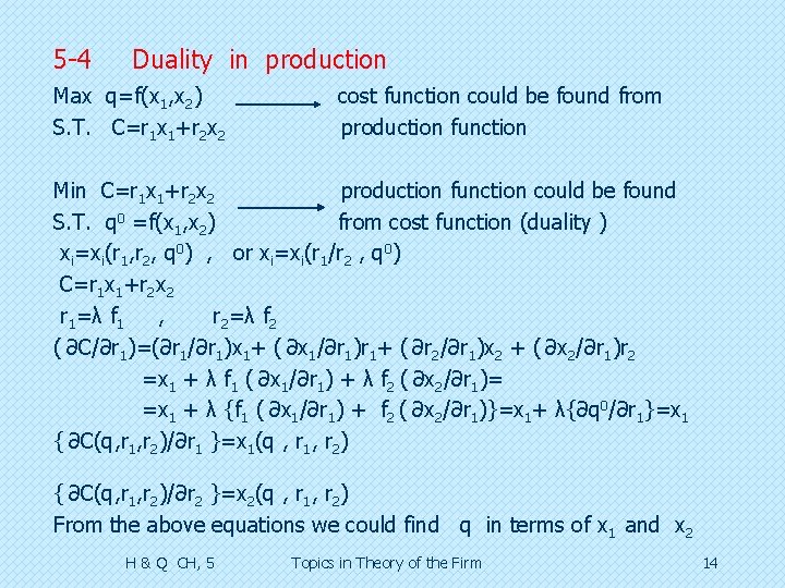 5 -4 Duality in production Max q=f(x 1, x 2) S. T. C=r 1