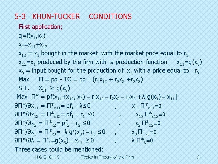 5 -3 KHUN-TUCKER CONDITIONS First application; q=f(x 1, x 2) x 1=x 11+x 12