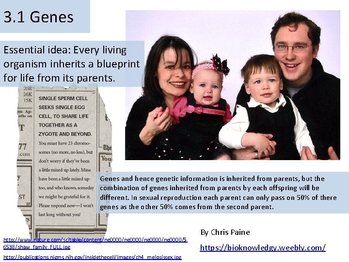 3. 1 Genes Essential idea: Every living organism inherits a blueprint for life from