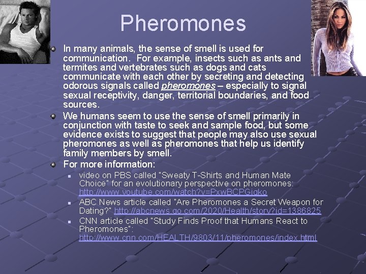 Pheromones In many animals, the sense of smell is used for communication. For example,