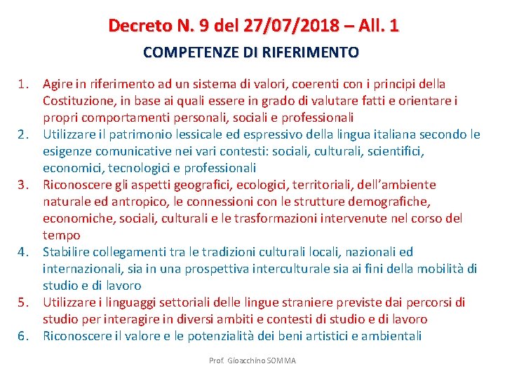 Decreto N. 9 del 27/07/2018 – All. 1 COMPETENZE DI RIFERIMENTO 1. Agire in