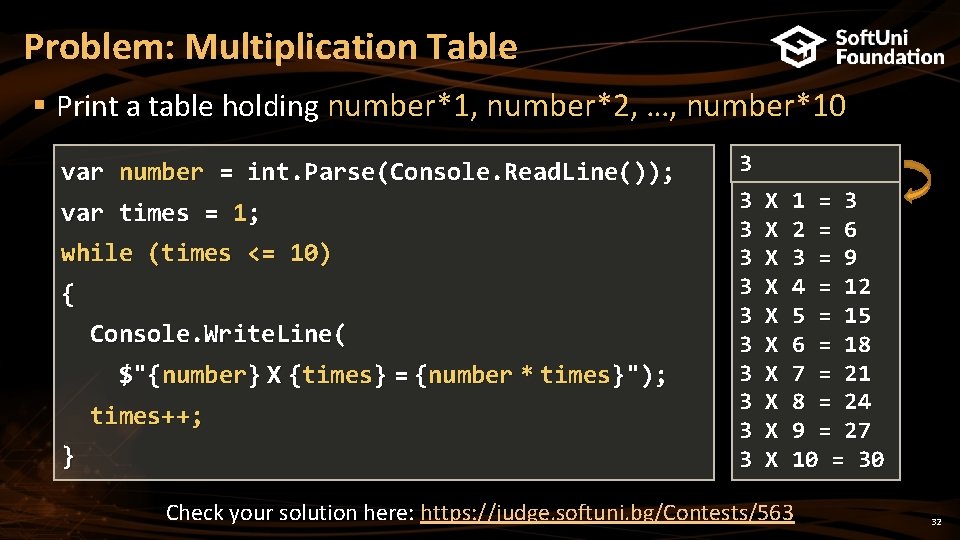Problem: Multiplication Table § Print a table holding number*1, number*2, …, number*10 var number