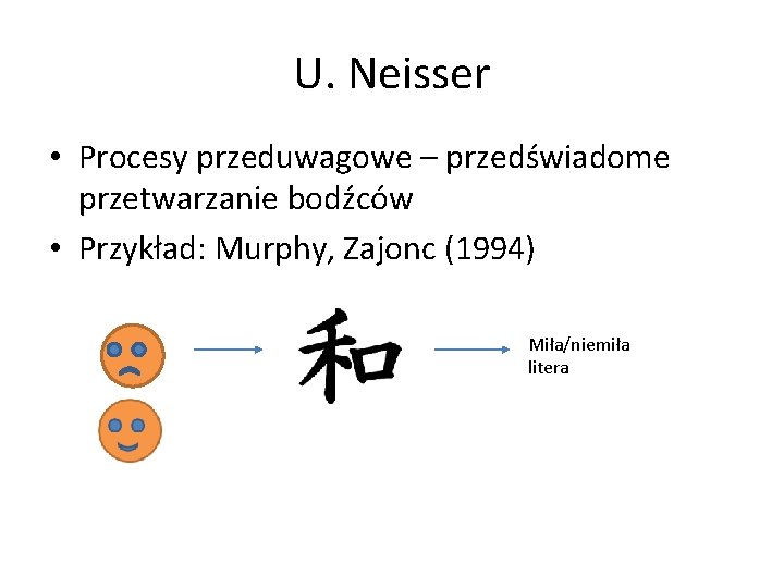 U. Neisser • Procesy przeduwagowe – przedświadome przetwarzanie bodźców • Przykład: Murphy, Zajonc (1994)