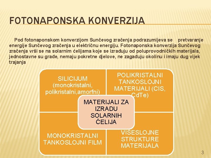 FOTONAPONSKA KONVERZIJA Pod fotonaponskom konverzijom Sunčevog zračenja podrazumijeva se pretvaranje energije Sunčevog zračenja u