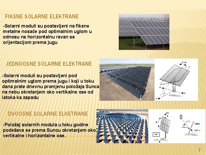 FIKSNE SOLARNE ELEKTRANE -Solarni moduli su postavljeni na fiksne metalne nosače pod optimalnim uglom