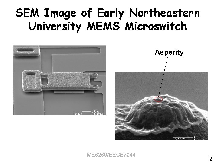 SEM Image of Early Northeastern University MEMS Microswitch Asperity ME 6260/EECE 7244 2 