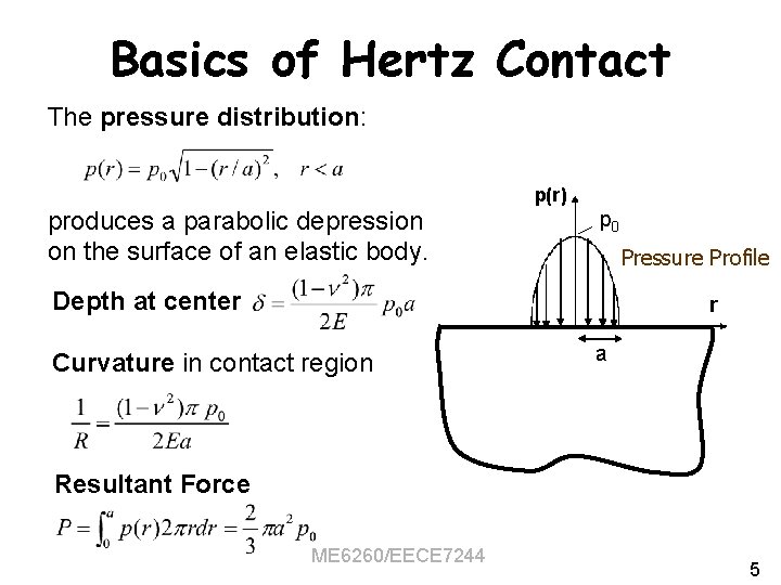 Basics of Hertz Contact The pressure distribution: p(r) produces a parabolic depression on the