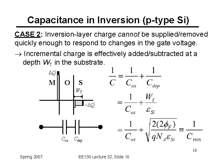 Capacitance in Inversion (p-type Si) CASE 2: Inversion-layer charge cannot be supplied/removed quickly enough