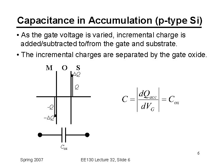 Capacitance in Accumulation (p-type Si) • As the gate voltage is varied, incremental charge