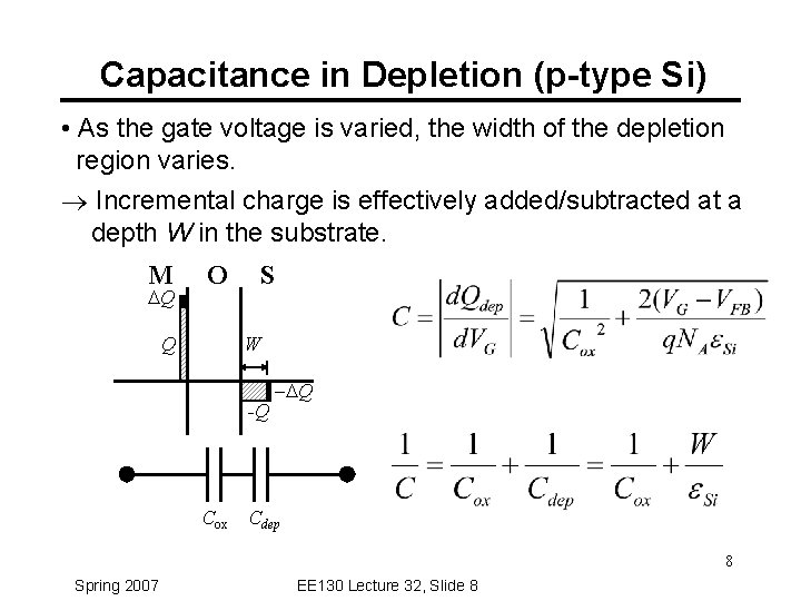 Capacitance in Depletion (p-type Si) • As the gate voltage is varied, the width