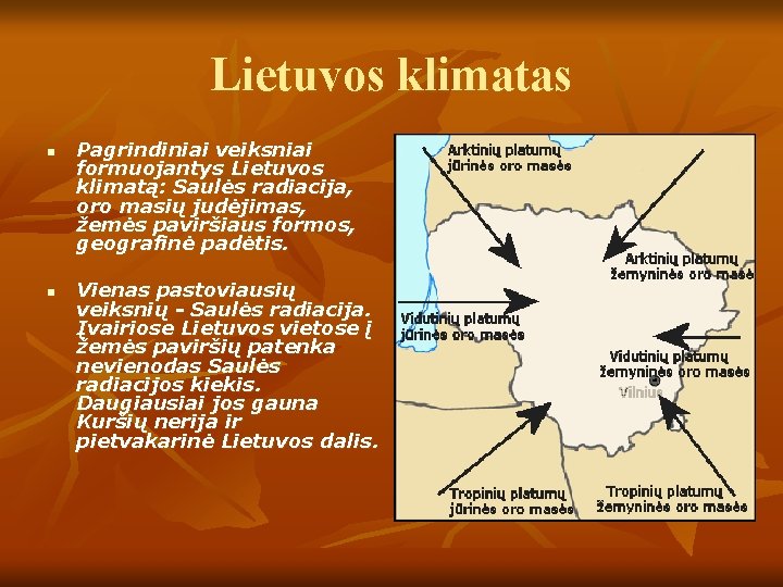 Lietuvos klimatas n n Pagrindiniai veiksniai formuojantys Lietuvos klimatą: Saulės radiacija, oro masių judėjimas,