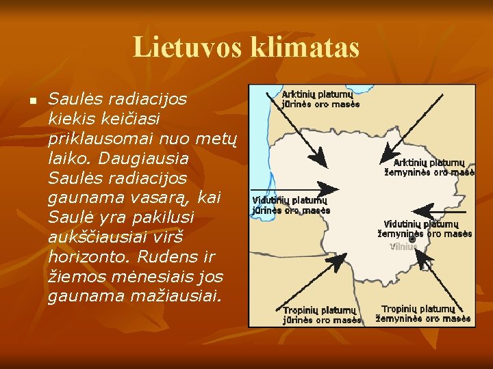 Lietuvos klimatas n Saulės radiacijos kiekis keičiasi priklausomai nuo metų laiko. Daugiausia Saulės radiacijos