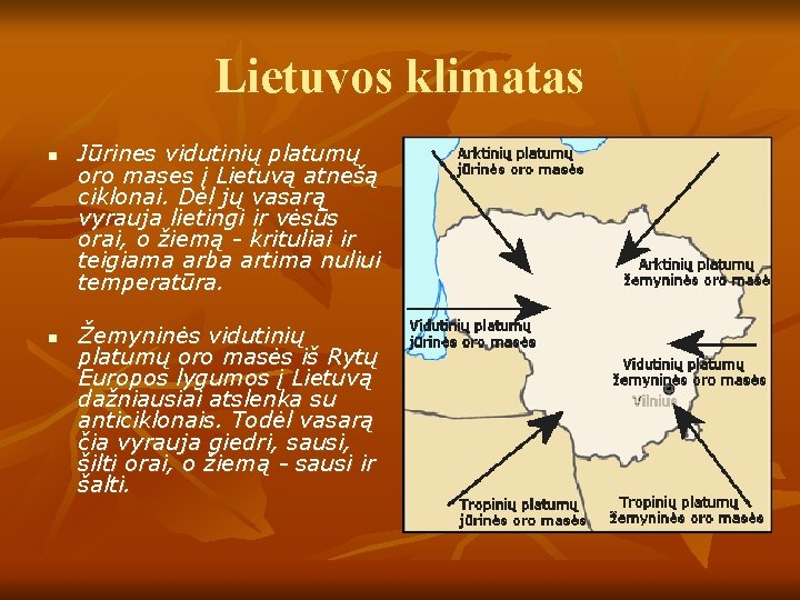 Lietuvos klimatas n n Jūrines vidutinių platumų oro mases į Lietuvą atnešą ciklonai. Dėl