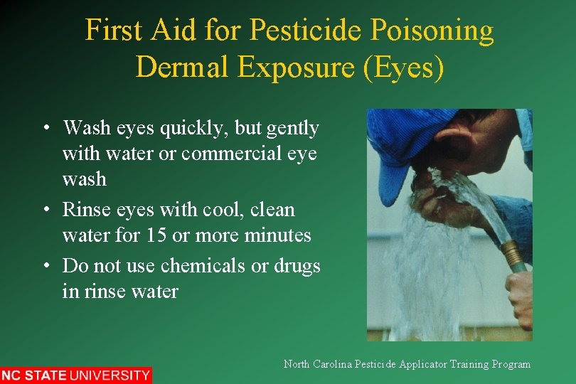 First Aid for Pesticide Poisoning Dermal Exposure (Eyes) • Wash eyes quickly, but gently