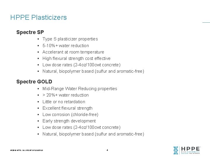 HPPE Plasticizers Spectre SP § § § Type S plasticizer properties 5 -10%+ water