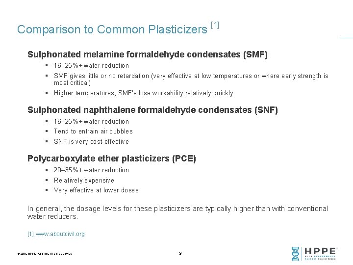 Comparison to Common Plasticizers [1] Sulphonated melamine formaldehyde condensates (SMF) § 16– 25%+ water