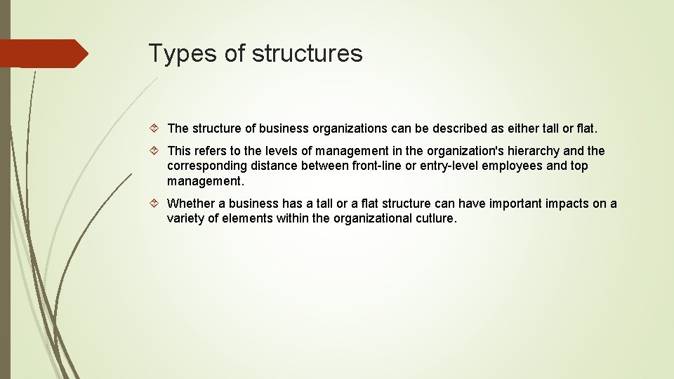 Types of structures The structure of business organizations can be described as either tall