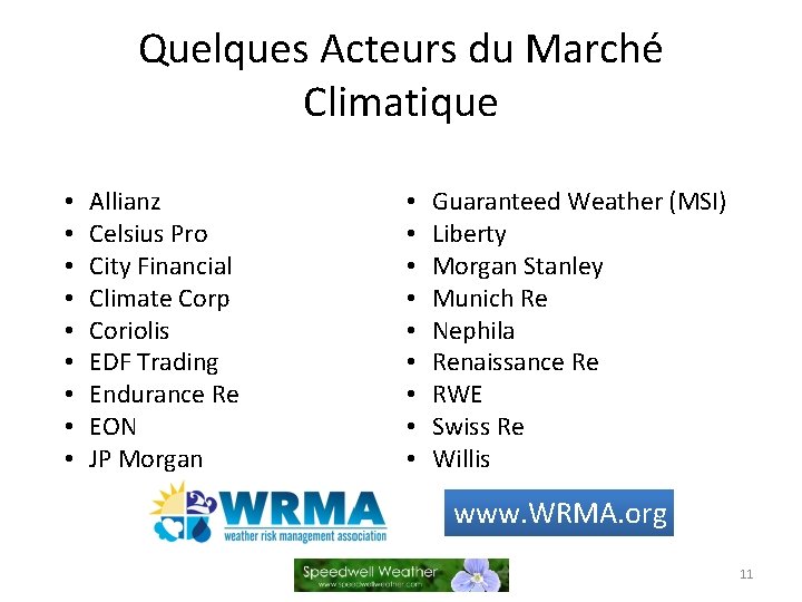 Quelques Acteurs du Marché Climatique • • • Allianz Celsius Pro City Financial Climate