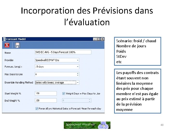 Incorporation des Prévisions dans l’évaluation Scénario: froid / chaud Nombre de jours Poids St.