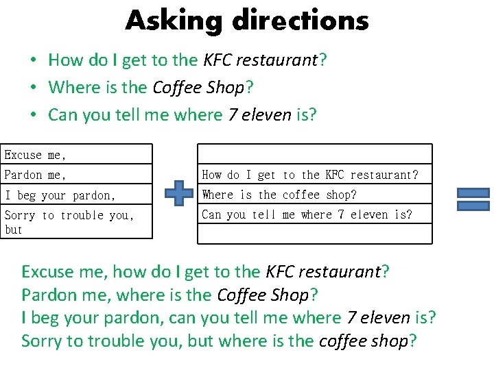 Asking directions • How do I get to the KFC restaurant? • Where is