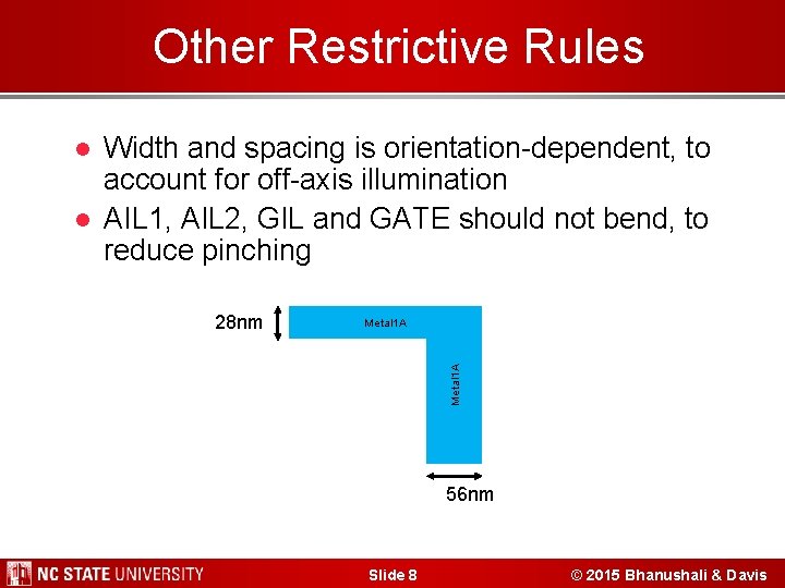 Other Restrictive Rules l Width and spacing is orientation-dependent, to account for off-axis illumination Other Restrictive Rules l Width and spacing is orientation-dependent, to account for off-axis illumination