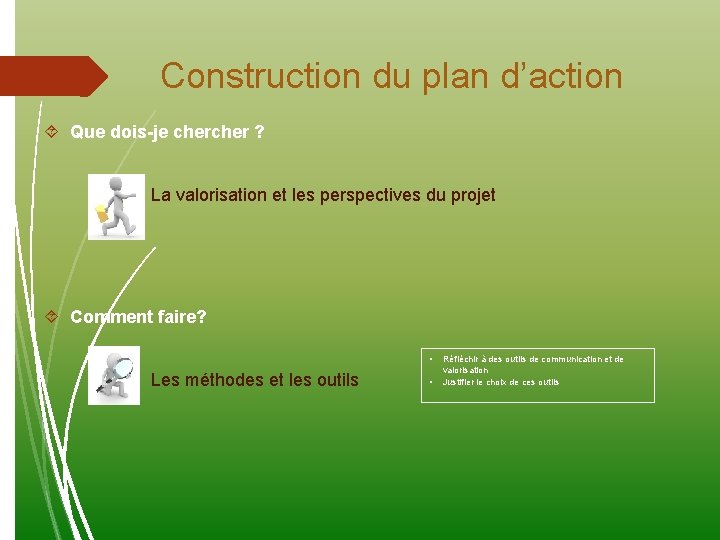 Construction du plan d’action Que dois-je cher ? La valorisation et les perspectives du