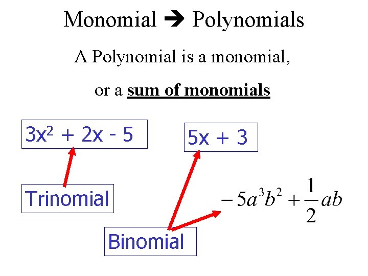 Monomial Polynomials A Polynomial is a monomial, or a sum of monomials 3 x
