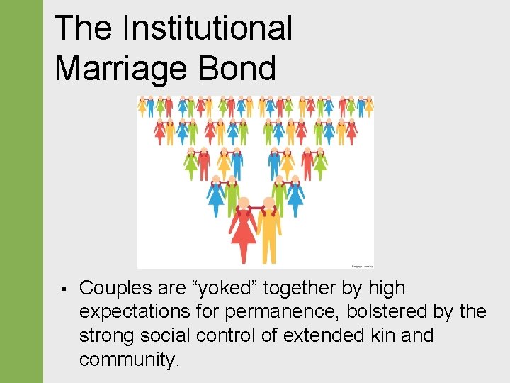 The Institutional Marriage Bond § Couples are “yoked” together by high expectations for permanence, The Institutional Marriage Bond § Couples are “yoked” together by high expectations for permanence,