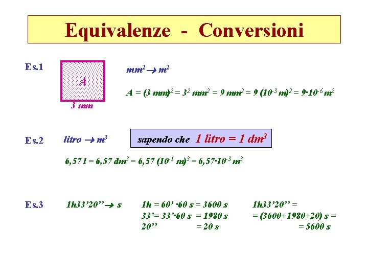 Equivalenze - Conversioni Es. 1 A mm 2 A = (3 mm)2 = 32