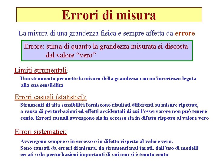 Errori di misura La misura di una grandezza fisica è sempre affetta da errore