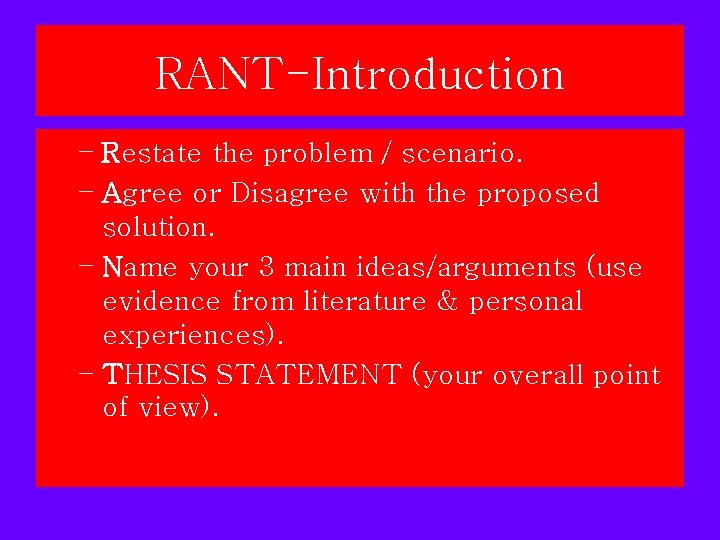 RANT-Introduction – Restate the problem / scenario. – Agree or Disagree with the proposed RANT-Introduction – Restate the problem / scenario. – Agree or Disagree with the proposed
