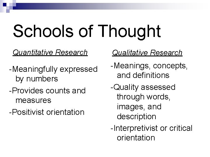 Schools of Thought Quantitative Research -Meaningfully expressed by numbers -Provides counts and measures -Positivist