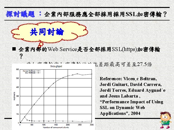 探討議題 ：企業內部服務應全部採用採用SSL加密傳輸？ 共同討論 n 企業內部的Web Service是否全部採用SSL(https)加密傳輸 ？ – 非加密傳輸與加密傳輸的效能差距最高可差至 27. 5倍 Reference: Vicen¸c Beltran,