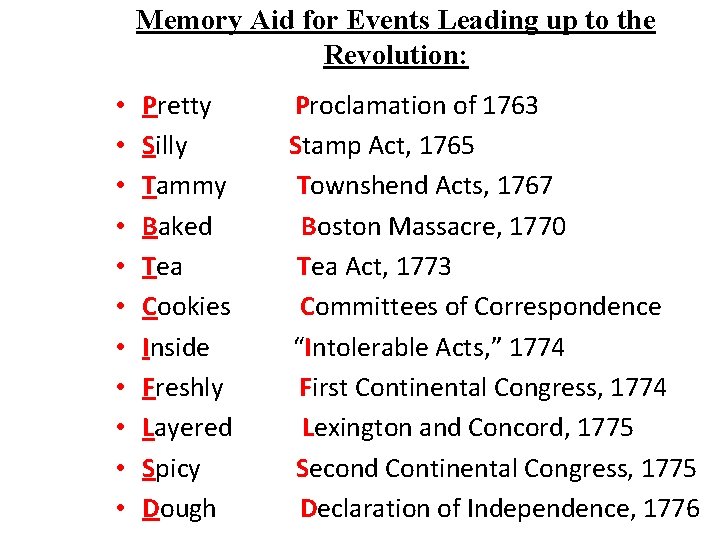 Memory Aid for Events Leading up to the Revolution: • • • Pretty Silly