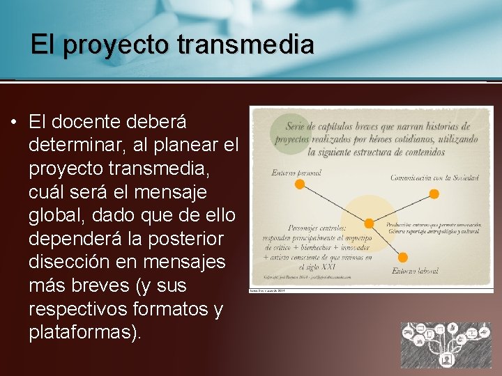 El proyecto transmedia • El docente deberá determinar, al planear el proyecto transmedia, cuál