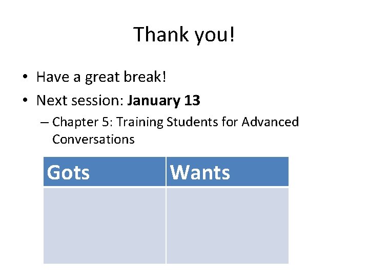 Thank you! • Have a great break! • Next session: January 13 – Chapter