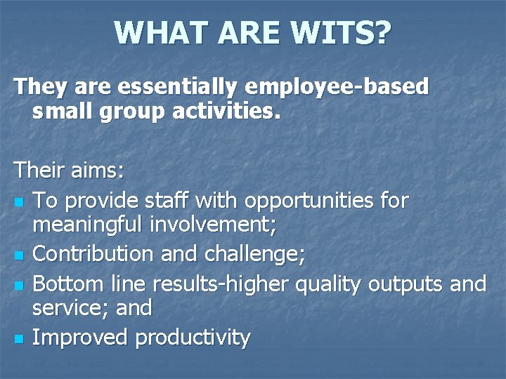 WHAT ARE WITS? They are essentially employee-based small group activities. Their aims: n To