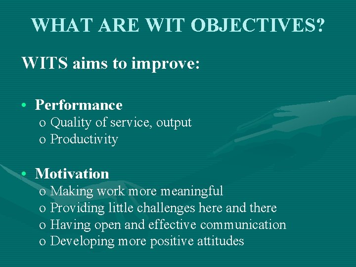 WHAT ARE WIT OBJECTIVES? WITS aims to improve: • Performance o Quality of service,