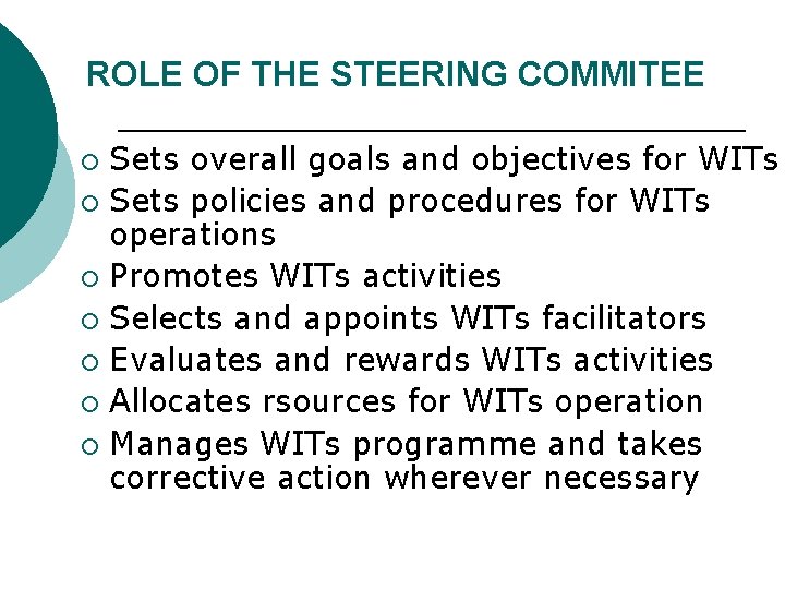 ROLE OF THE STEERING COMMITEE Sets overall goals and objectives for WITs ¡ Sets