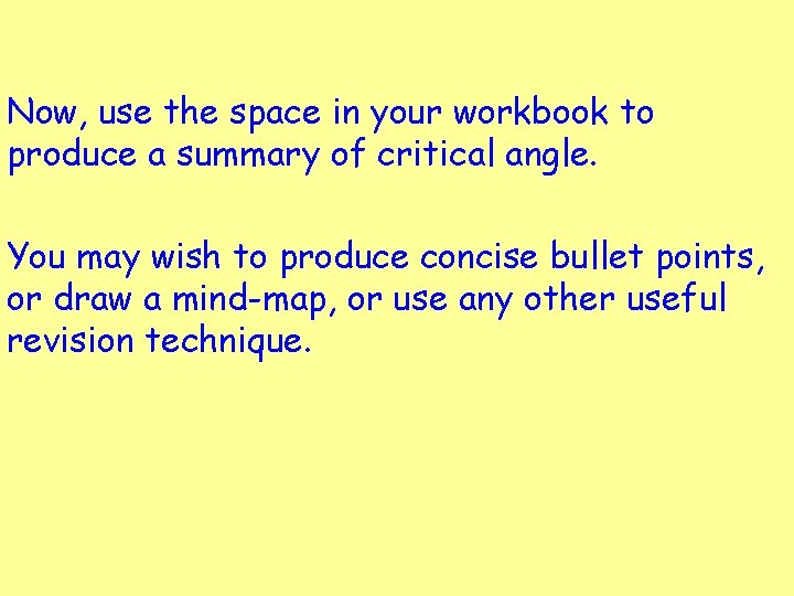 Now, use the space in your workbook to produce a summary of critical angle.